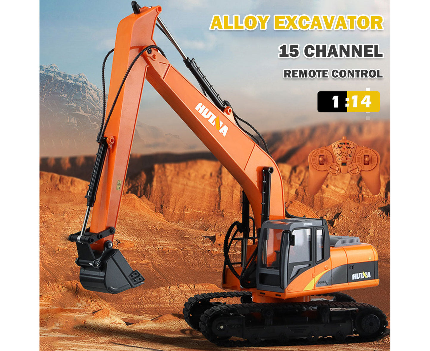 1/14 Scale 15-Channel Remote Control Alloy Long Arm Excavator Construction Engineering Vehicle Toy