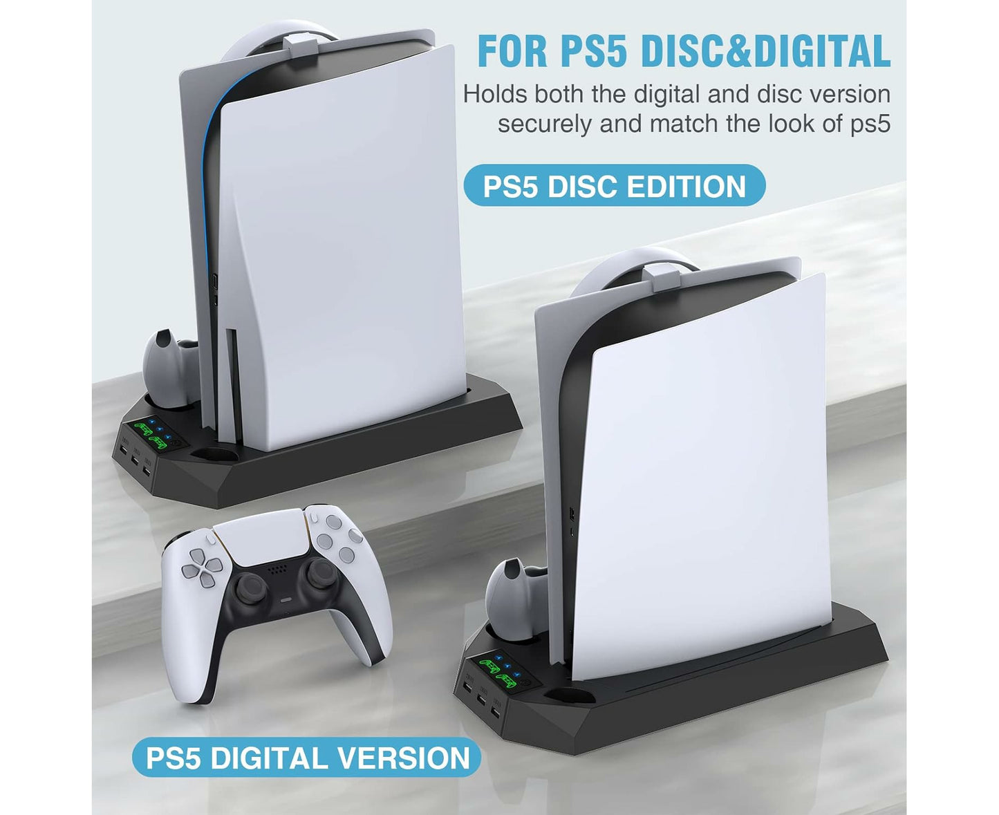 PS5 Stand with Integrated Cooling Station and Dual Controller Charging Dock for PS5 Digital and Disc Editions - Black