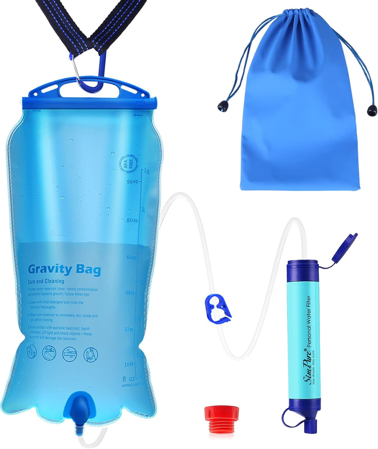 Portable Gravity Water Filtration Straw with 3L BPA-Free Reservoir for Outdoor Survival, Camping, Hiking, and Emergency Preparedness