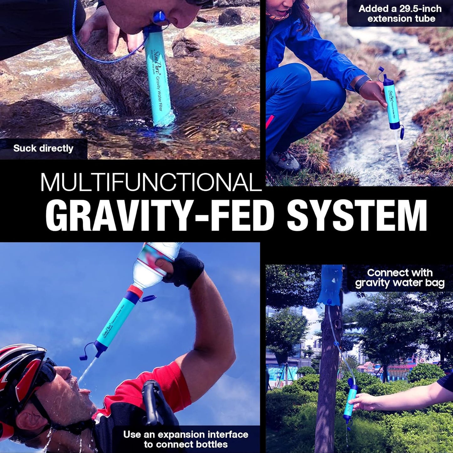 Portable Gravity Water Filtration Straw with 3L BPA-Free Reservoir for Outdoor Survival, Camping, Hiking, and Emergency Preparedness