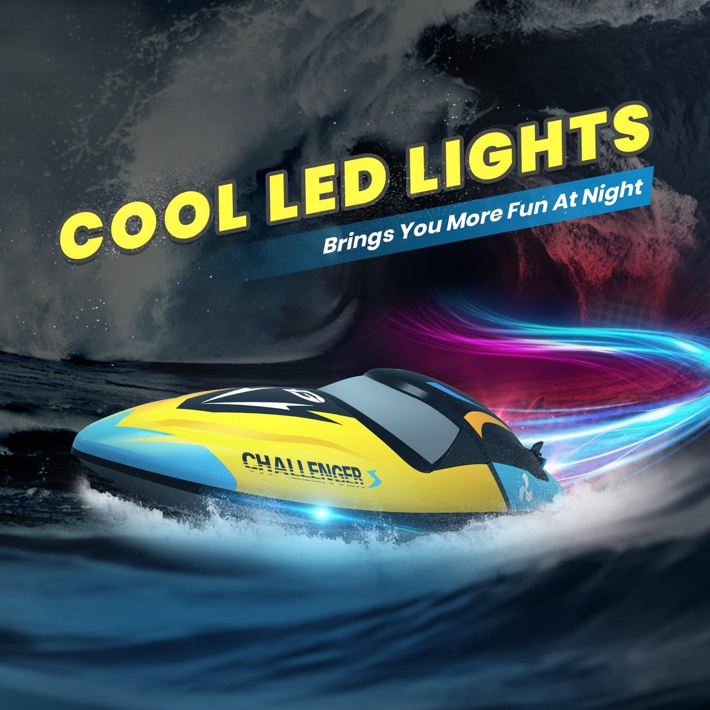 High-Speed Brushless Remote Control Racing Boat - 30+ MPH, Capsize Prevention, LED Lights, Perfect for Pools, Lakes & Seas - Fun for All Ages!