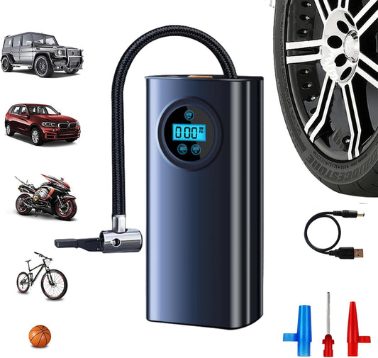 Cordless Portable Air Compressor with Digital Display and Three Nozzle Adapters for Tire Inflation of Cars, Bikes, Trucks, Motorcycles, and Sports Balls