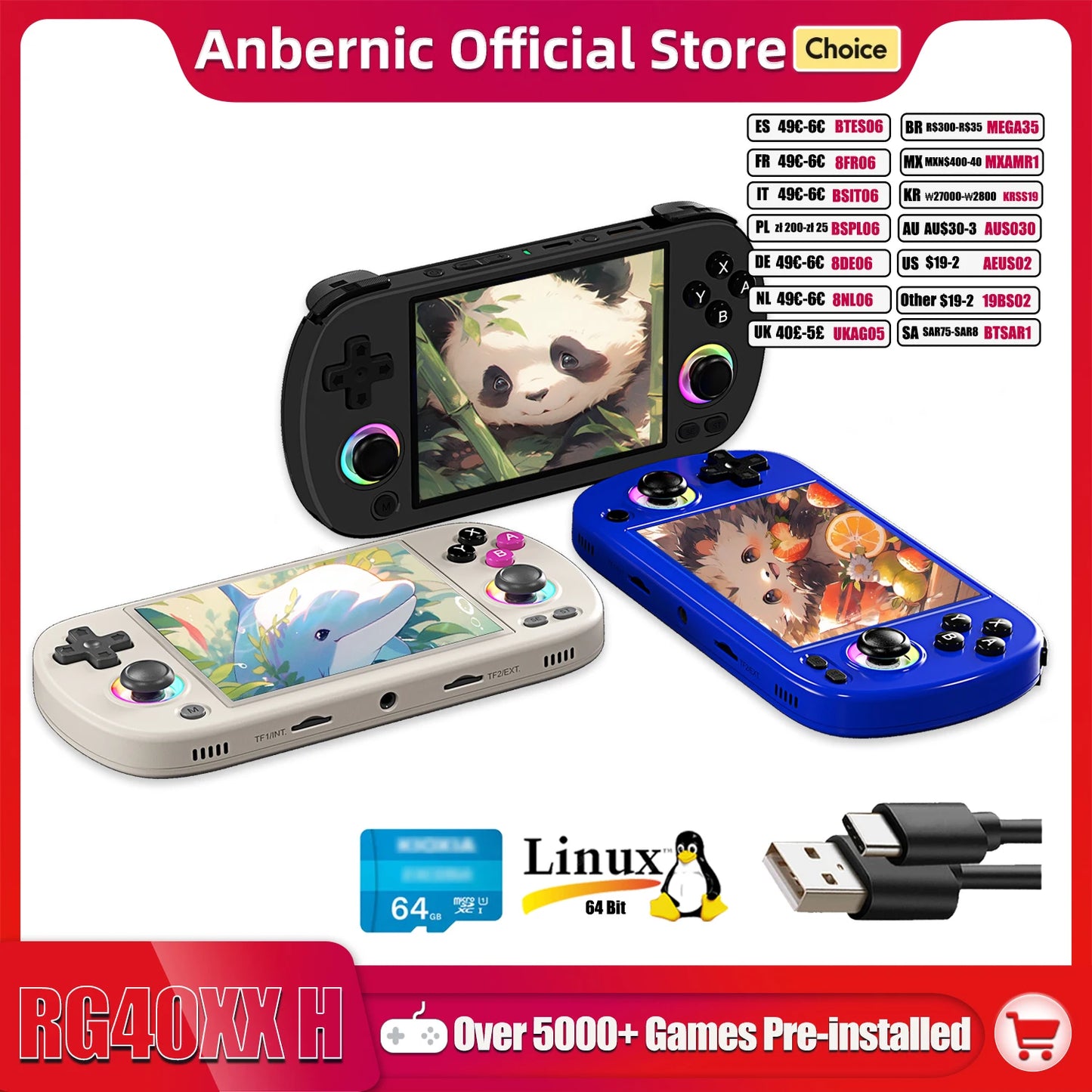 RG40XX H Handheld Game Console - 4.0" IPS Screen, 3200mAh Battery, 64-Bit System, 5K+ Built-in Games