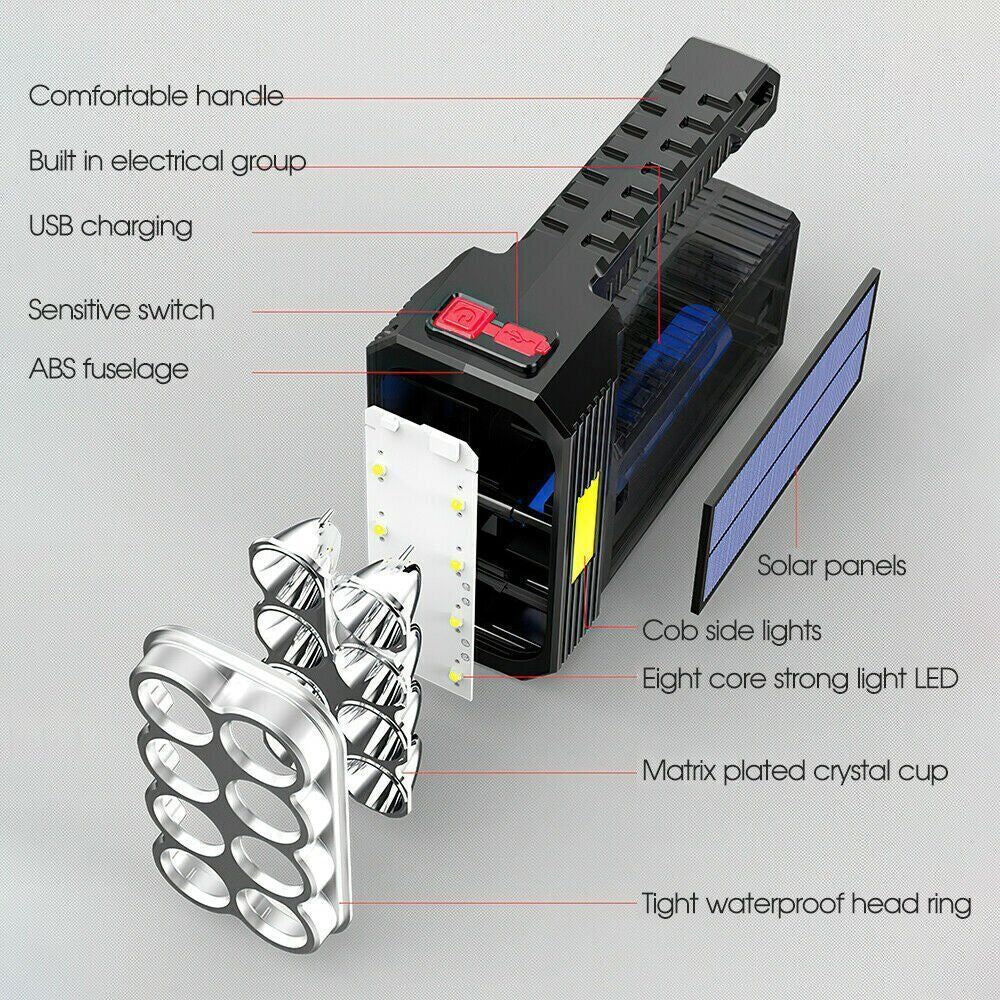 Bright USB Rechargeable Solar LED Torch - Perfect for Camping & Hiking!