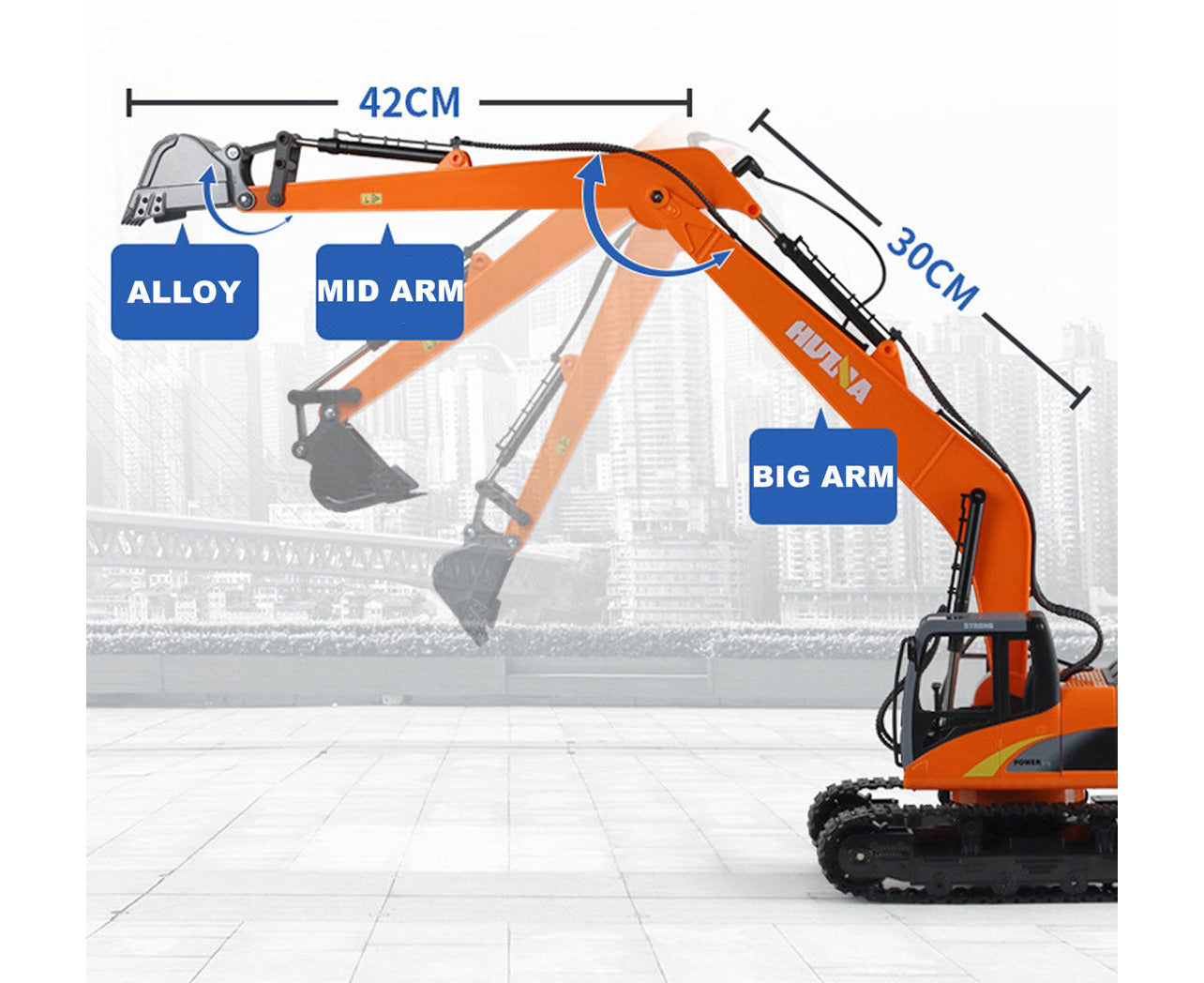 1/14 Scale 15-Channel Remote Control Alloy Long Arm Excavator Construction Engineering Vehicle Toy