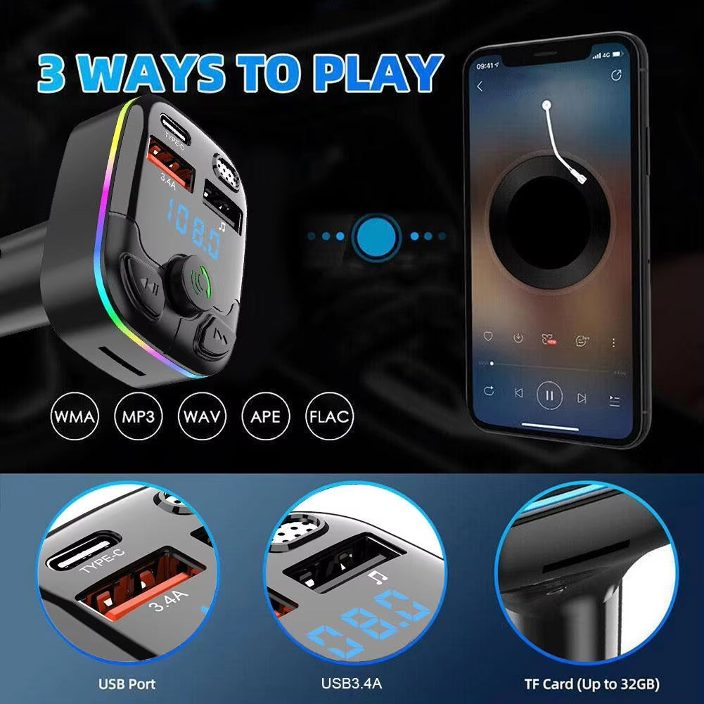 Wireless Bluetooth 5.0 Car MP3 Player & FM Transmitter with Noise Reduction, Dual USB Ports, and Hands-Free Calling