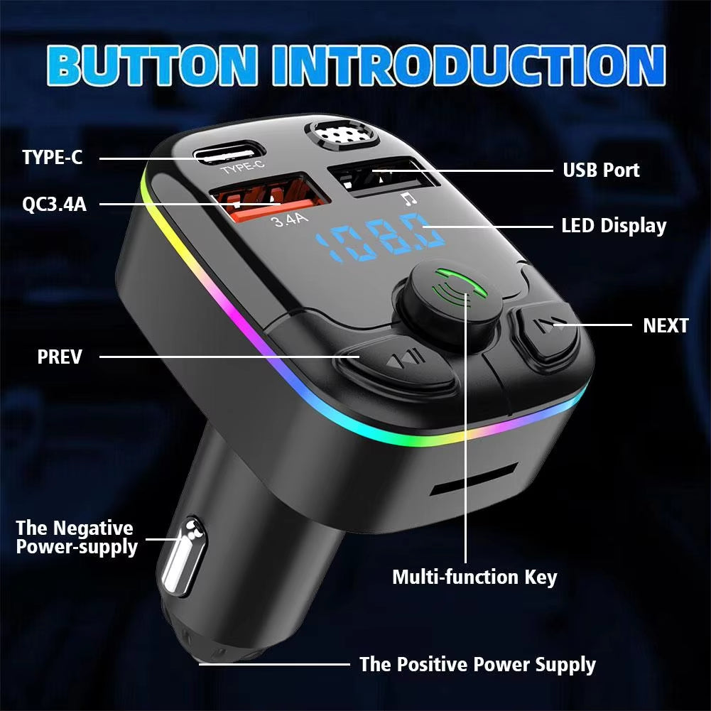 Wireless Bluetooth 5.0 Car MP3 Player & FM Transmitter with Noise Reduction, Dual USB Ports, and Hands-Free Calling