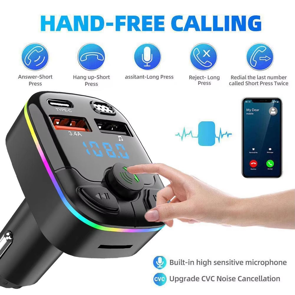 Wireless Bluetooth 5.0 Car MP3 Player & FM Transmitter with Noise Reduction, Dual USB Ports, and Hands-Free Calling