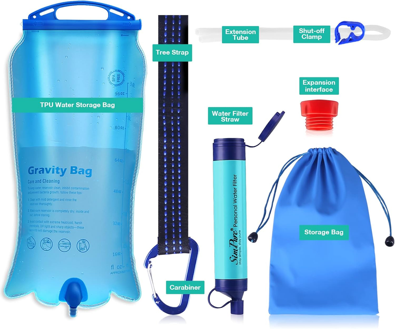 Portable Gravity Water Filtration Straw with 3L BPA-Free Reservoir for Outdoor Survival, Camping, Hiking, and Emergency Preparedness