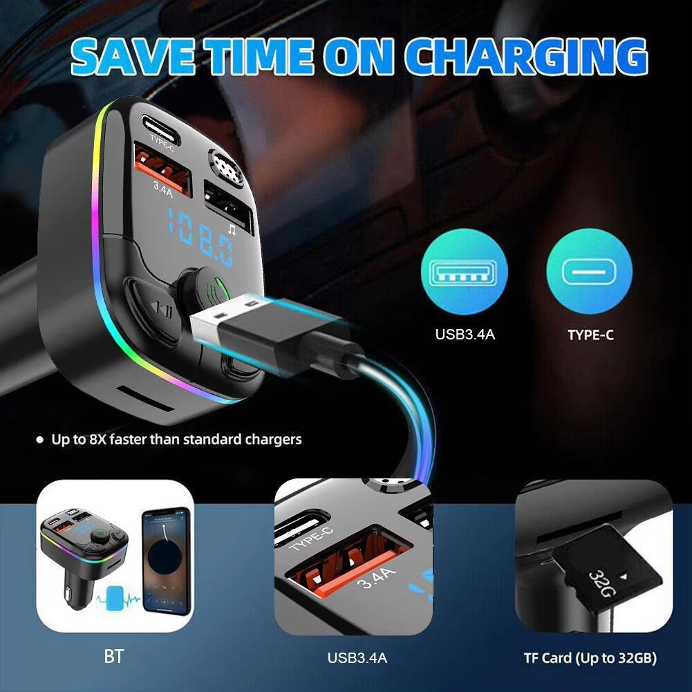 Wireless Bluetooth 5.0 Car MP3 Player & FM Transmitter with Noise Reduction, Dual USB Ports, and Hands-Free Calling