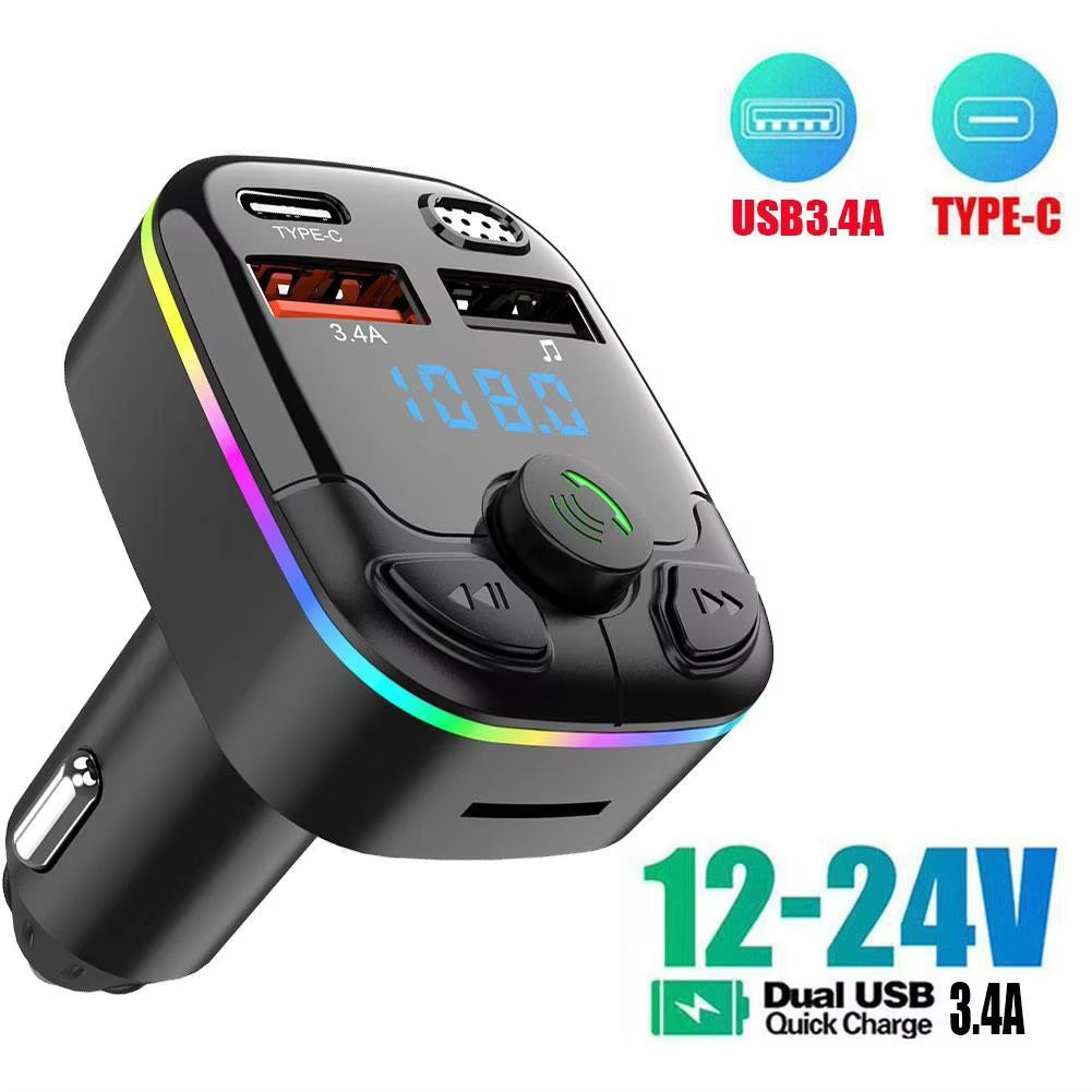 Wireless Bluetooth 5.0 Car MP3 Player & FM Transmitter with Noise Reduction, Dual USB Ports, and Hands-Free Calling