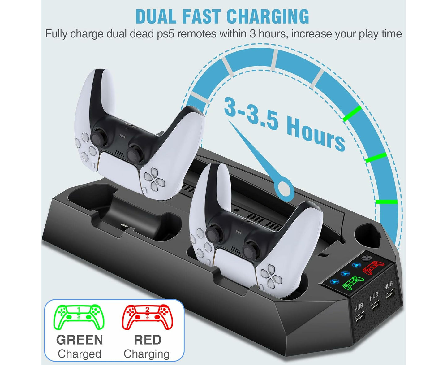 PS5 Stand with Integrated Cooling Station and Dual Controller Charging Dock for PS5 Digital and Disc Editions - Black