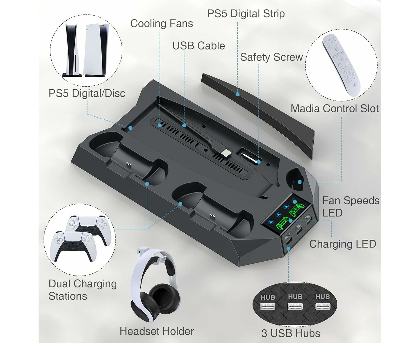 PS5 Stand with Integrated Cooling Station and Dual Controller Charging Dock for PS5 Digital and Disc Editions - Black