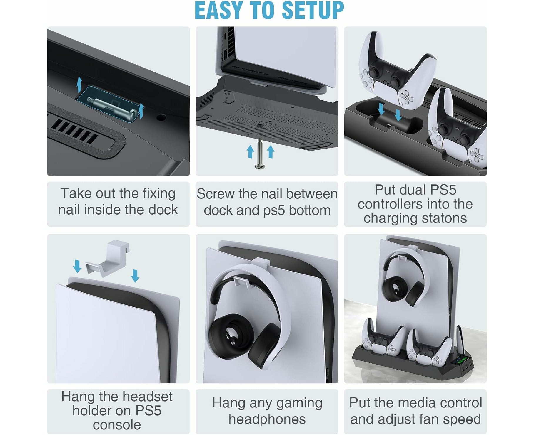 PS5 Stand with Integrated Cooling Station and Dual Controller Charging Dock for PS5 Digital and Disc Editions - Black